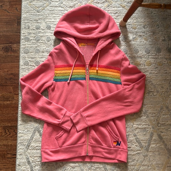 Aviator Nation Tops - Aviator Nation Six Striped Pink Serape Rainbow Zip Hoodie